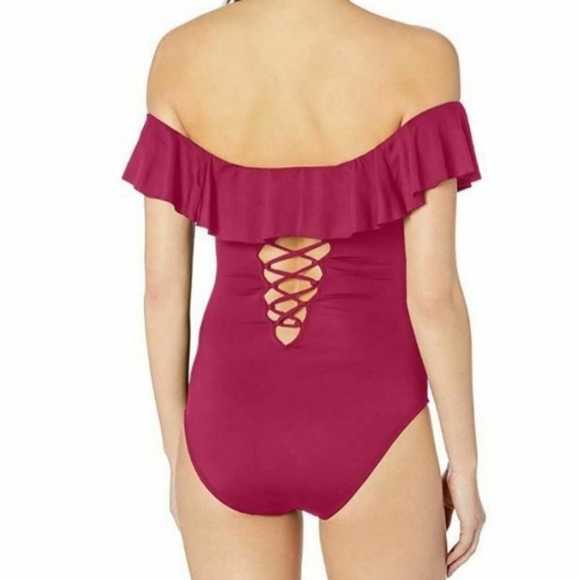 La Blanca Off the Shoulder One-Piece Swimsuit burgundy wine Size 14 - Picture 2 of 9